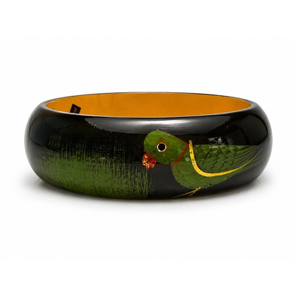 Jewelry - Vintage Hand Painted Wooden Parrot Bangle Bracelet Black Green Folk Art Boho